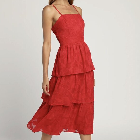 NWT Lulus Grace and Beauty Red Burnout Floral Print Tiered Dress - Picture 3 of 8